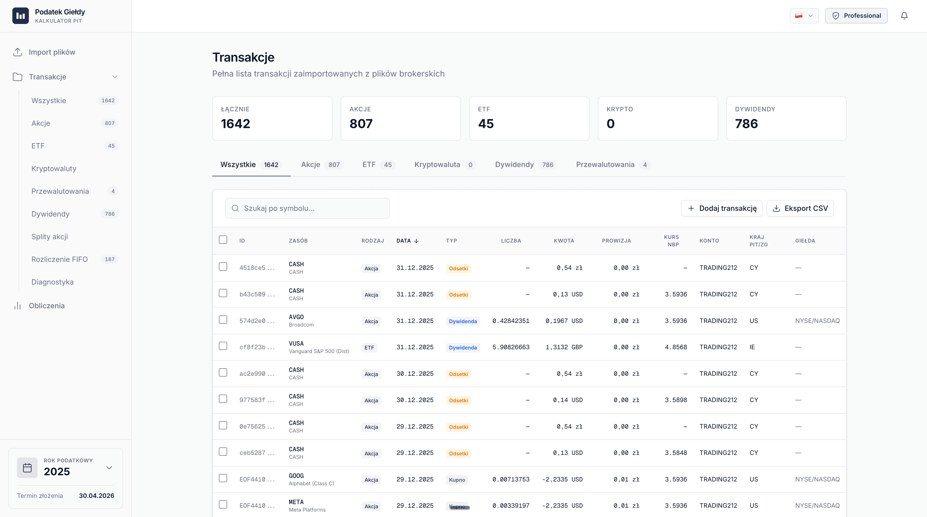 Transaction panel - full list of imported transactions with filters and statistics