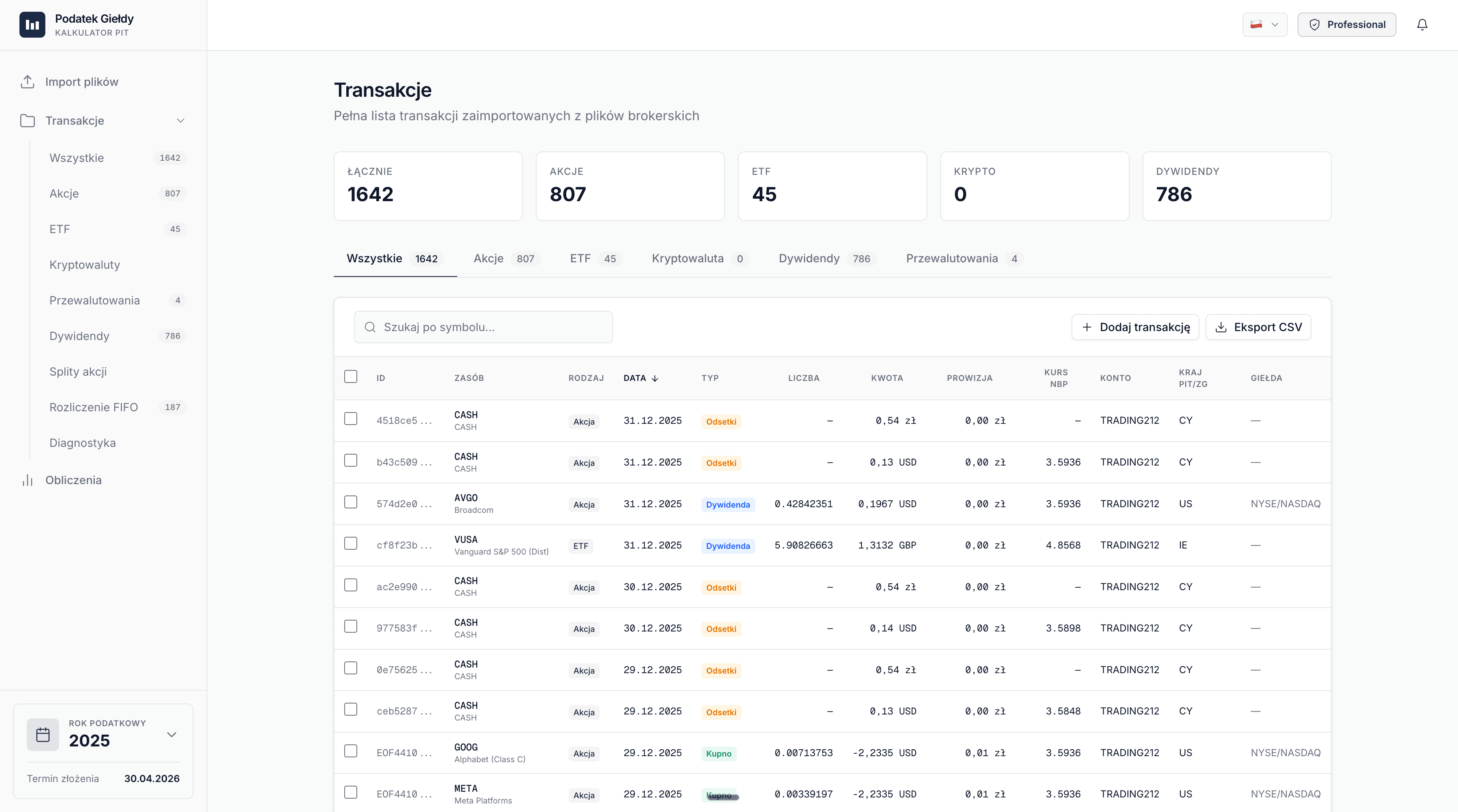 Transaction panel - full list of imported transactions with filters and statistics