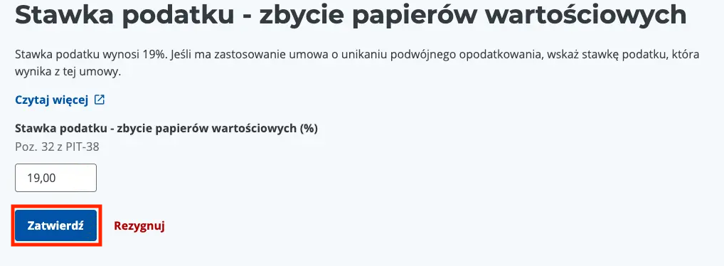 Okno edycji stawki podatku od papierów wartościowych — wpisana wartość 19%