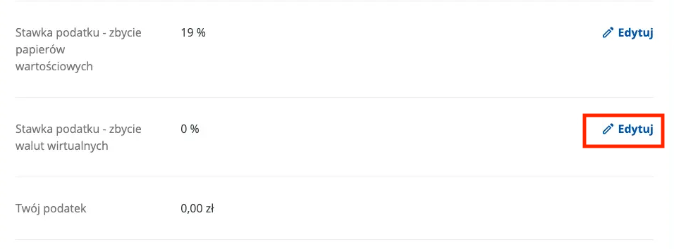 Wiersz stawki podatku od walut wirtualnych z przyciskiem Edytuj