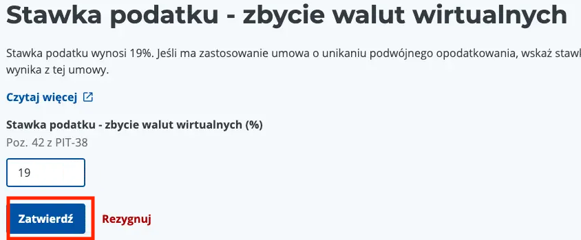 Okno edycji stawki podatku od kryptowalut — wartość 19% i przycisk Zatwierdź