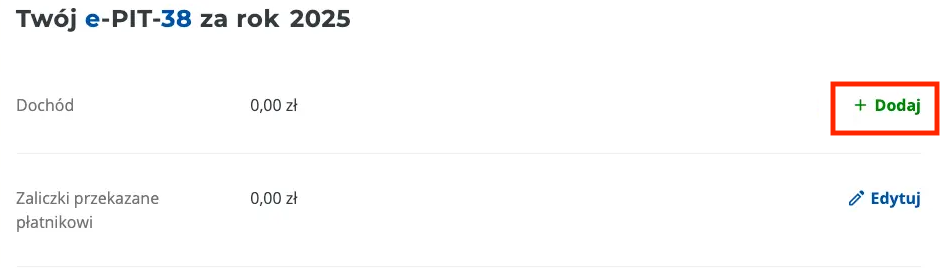 Podsumowanie PIT-38 ze stawkami 19% i przyciskiem Dodaj w sekcji Dochód