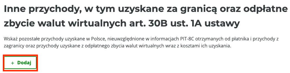 Sekcja Inne przychody z przyciskiem Dodaj — art. 30B ust. 1A