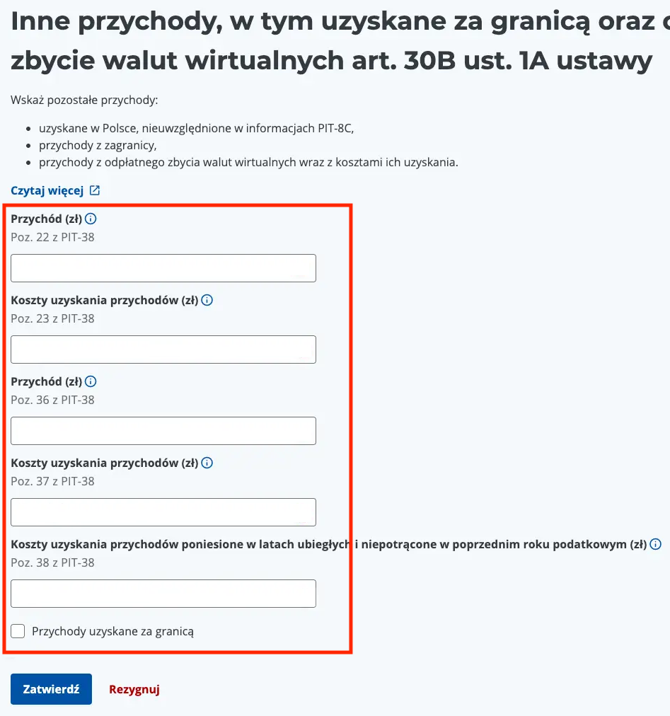Formularz PIT-38 z polami Poz. 22, 23, 36, 37, 38 i checkboxem przychody zagraniczne