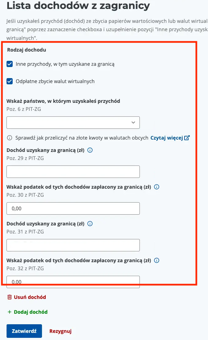Załącznik PIT/ZG — lista dochodów z zagranicy z polami Poz. 6, 29, 31 i przyciskiem Dodaj dochód