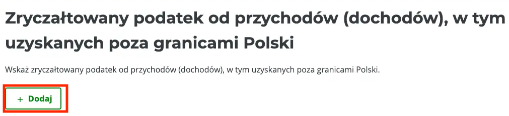 Sekcja zryczałtowanego podatku od dywidend z przyciskiem Dodaj