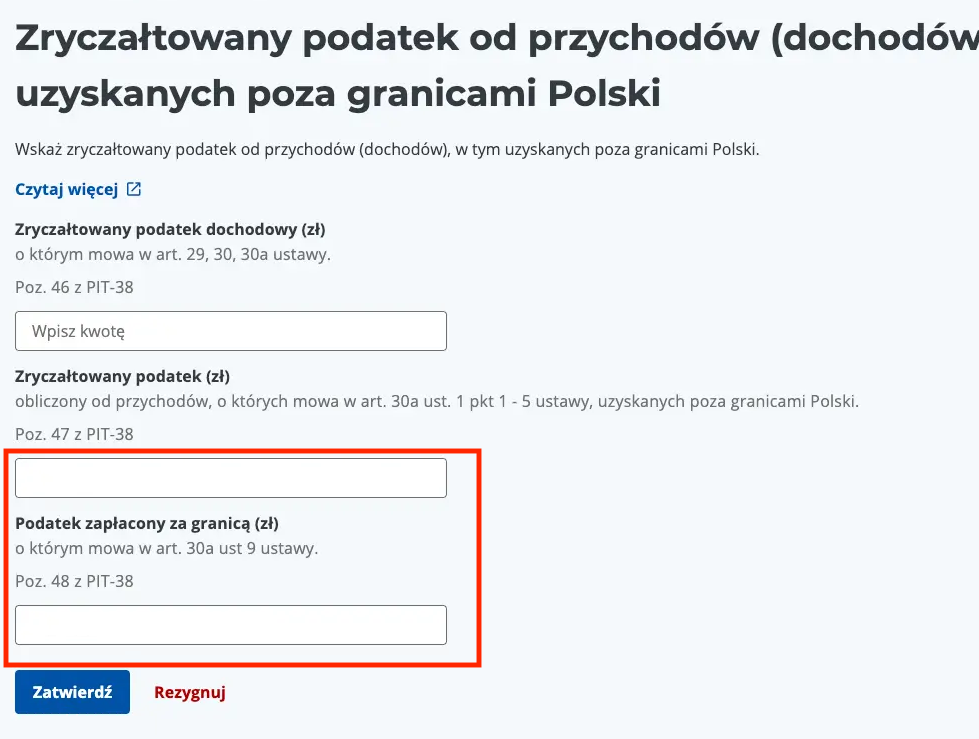 Formularz podatku od dywidend zagranicznych — pola Poz. 47 i 48 z przyciskiem Zatwierdź