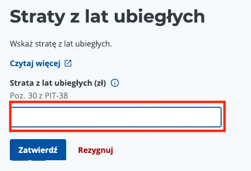 Formularz wpisu straty z lat ubiegłych z przyciskiem Zatwierdź